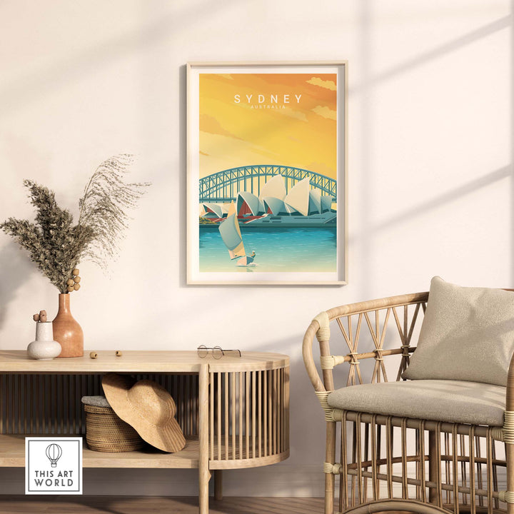 Sydney travel poster print in minimalist style displayed in a cozy room featuring a rattan chair and stylish decor.