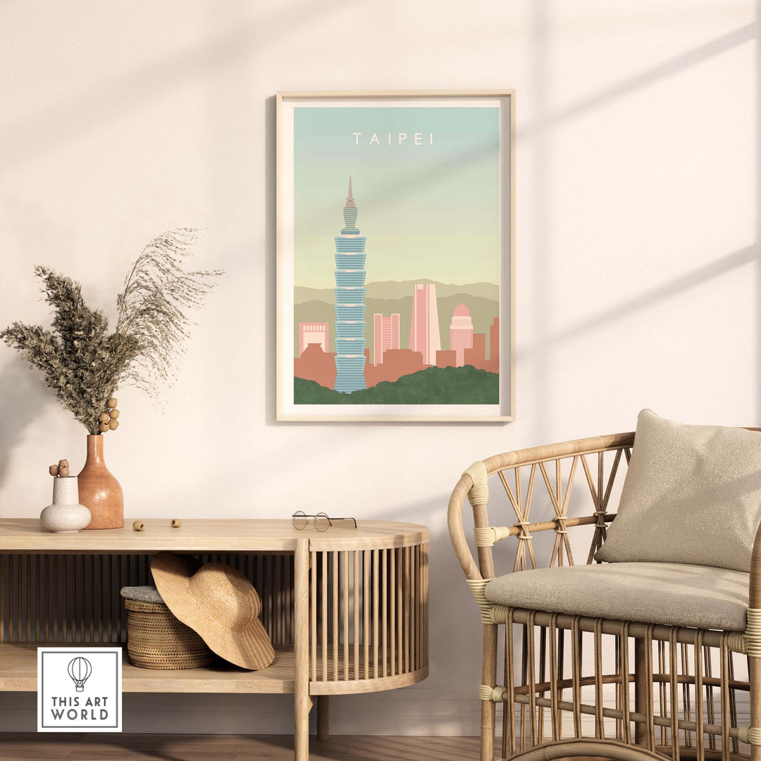 Taipei Poster Taiwan Print showcasing Taipei 101 in a stylish living room setting with natural decor.