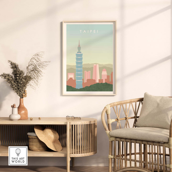 Taipei Poster Taiwan Print showcasing Taipei 101 in a stylish living room setting with natural decor.