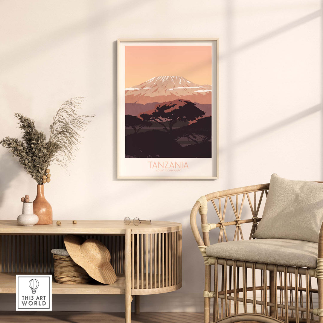 Kilimanjaro Print Tanzania Poster displayed in a modern living room setting with stylish decor.