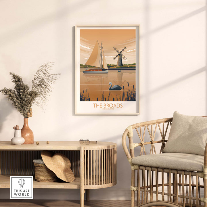 Framed The Broads National Park poster featuring boats and a windmill in a minimalist modern style.