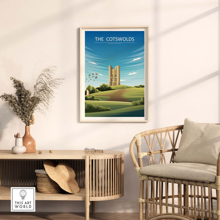 Minimalist The Cotswolds poster featuring a scenic landscape and historic tower, perfect for home or office decor.
