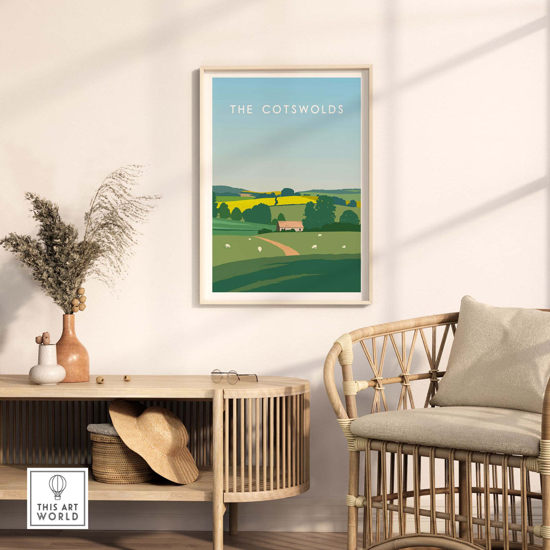 Stylish Cotswolds poster print displayed in a cozy interior with rattan furniture and decorative elements.