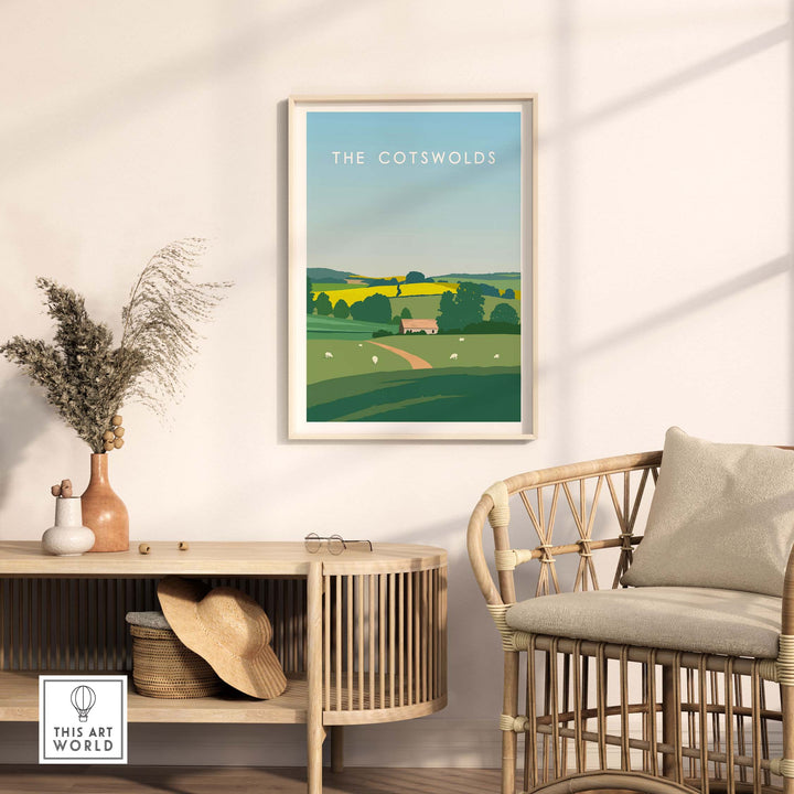 Stylish Cotswolds poster print displayed in a cozy interior with rattan furniture and decorative elements.