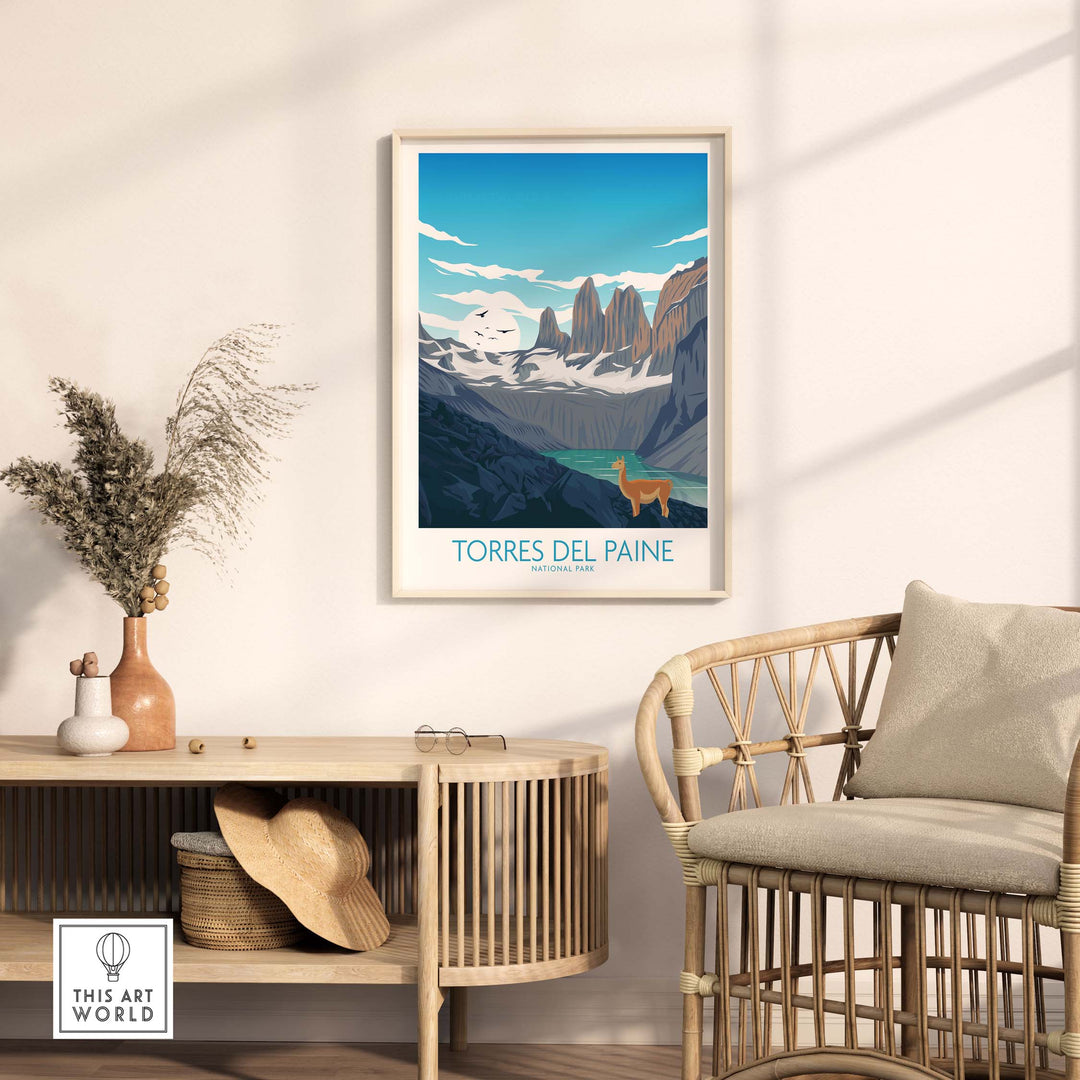 Vintage Torres del Paine Chile poster displayed in a modern living room with stylish decor.