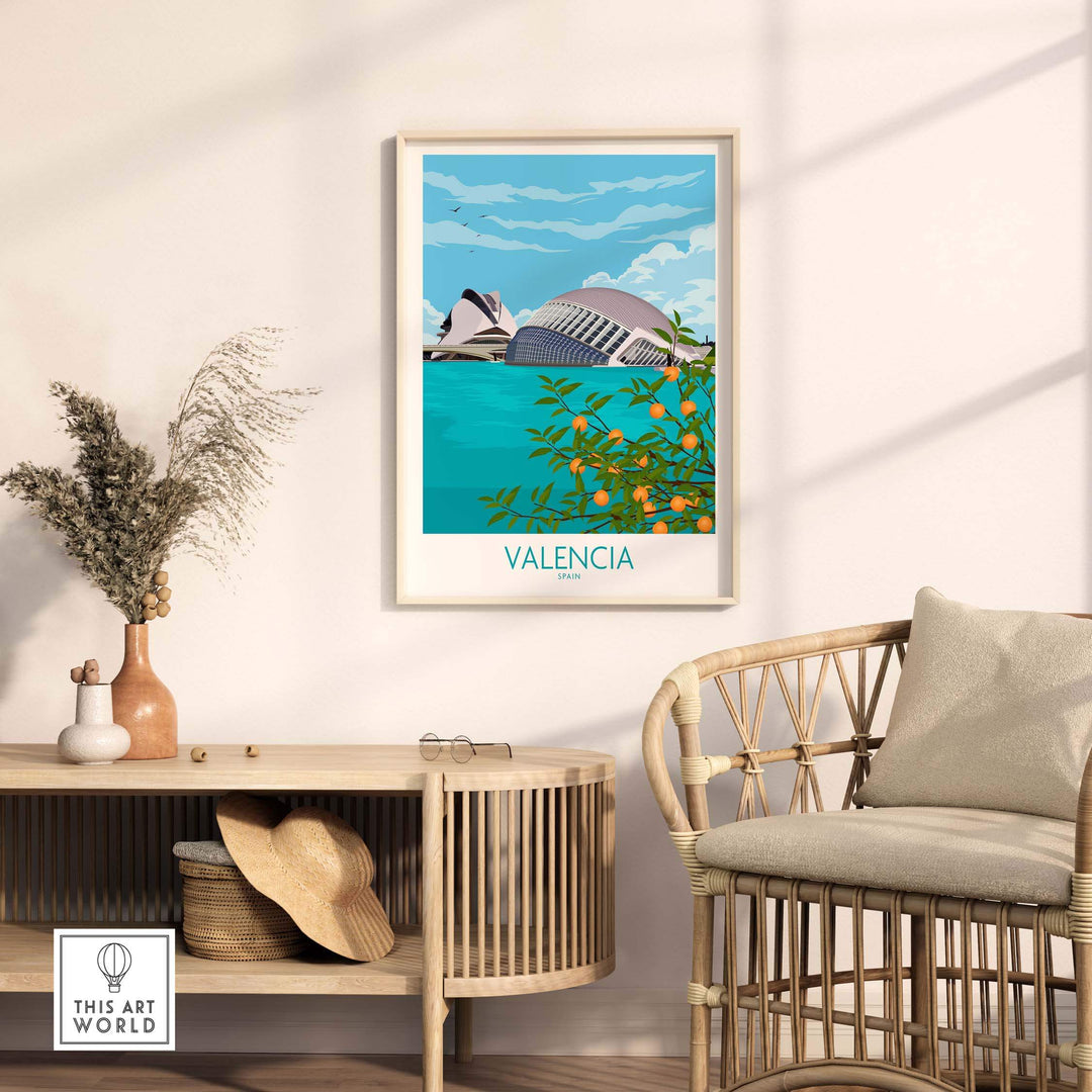 Valencia Poster Print framed artwork featuring minimalistic design and vibrant colors, perfect for home decor.