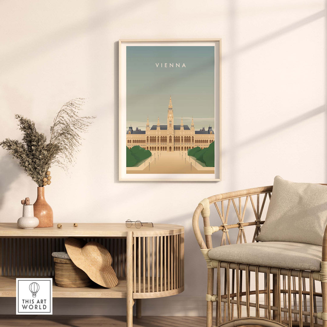 Vienna wall art poster displayed in a stylish home setting, showcasing vintage travel art and wanderlust inspiration.