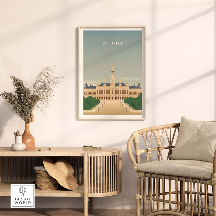 Vienna wall art poster displayed in a stylish home setting, showcasing vintage travel art and wanderlust inspiration.