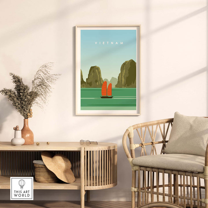 Vietnam travel poster print featuring traditional boats and scenic landscapes in a minimalist style.