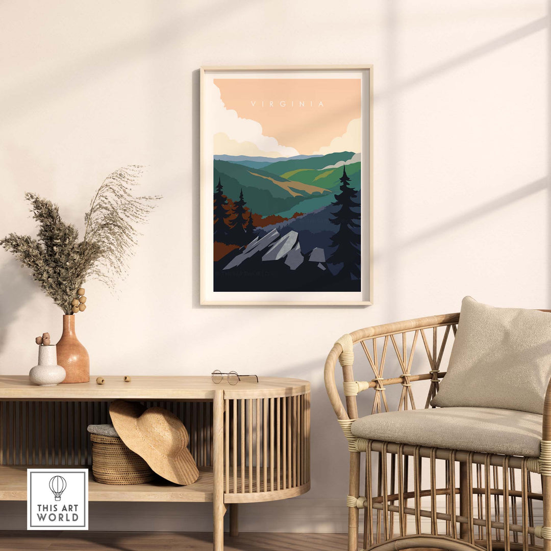 Virginia travel poster print featuring mountains and trees in minimalist style, ideal for home decor.