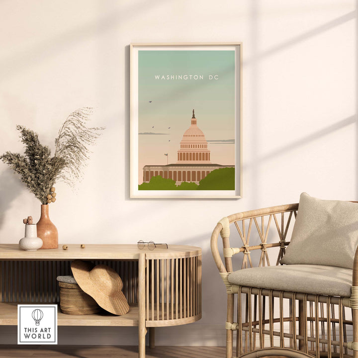 Washington DC poster print featuring the Capitol building in a stylish interior setting, perfect for home or office decor.
