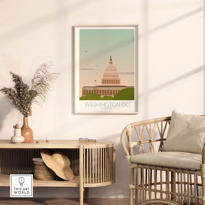Washington DC Wall Art Print framed, showcasing the Capitol building in a stylish home interior setting.