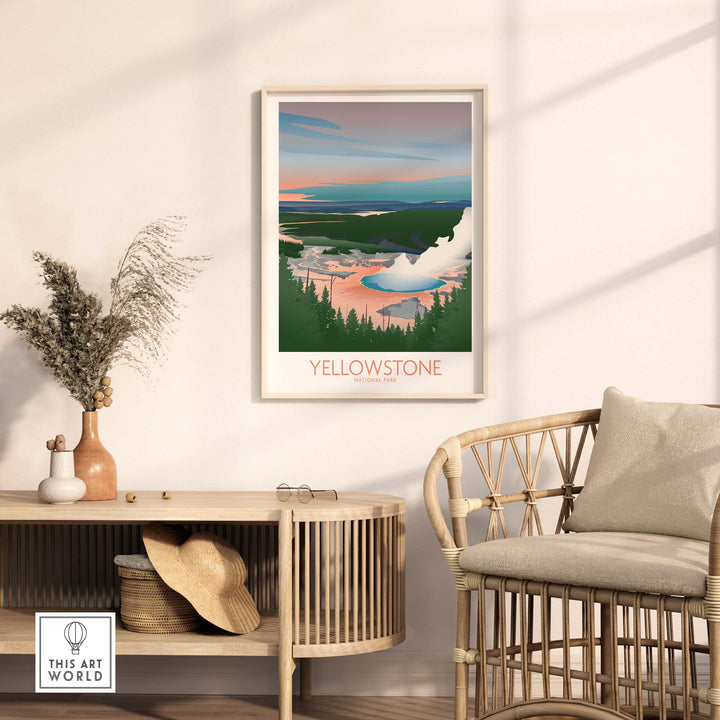 Yellowstone National Park minimalist art print displayed in a stylish home setting with natural decor.