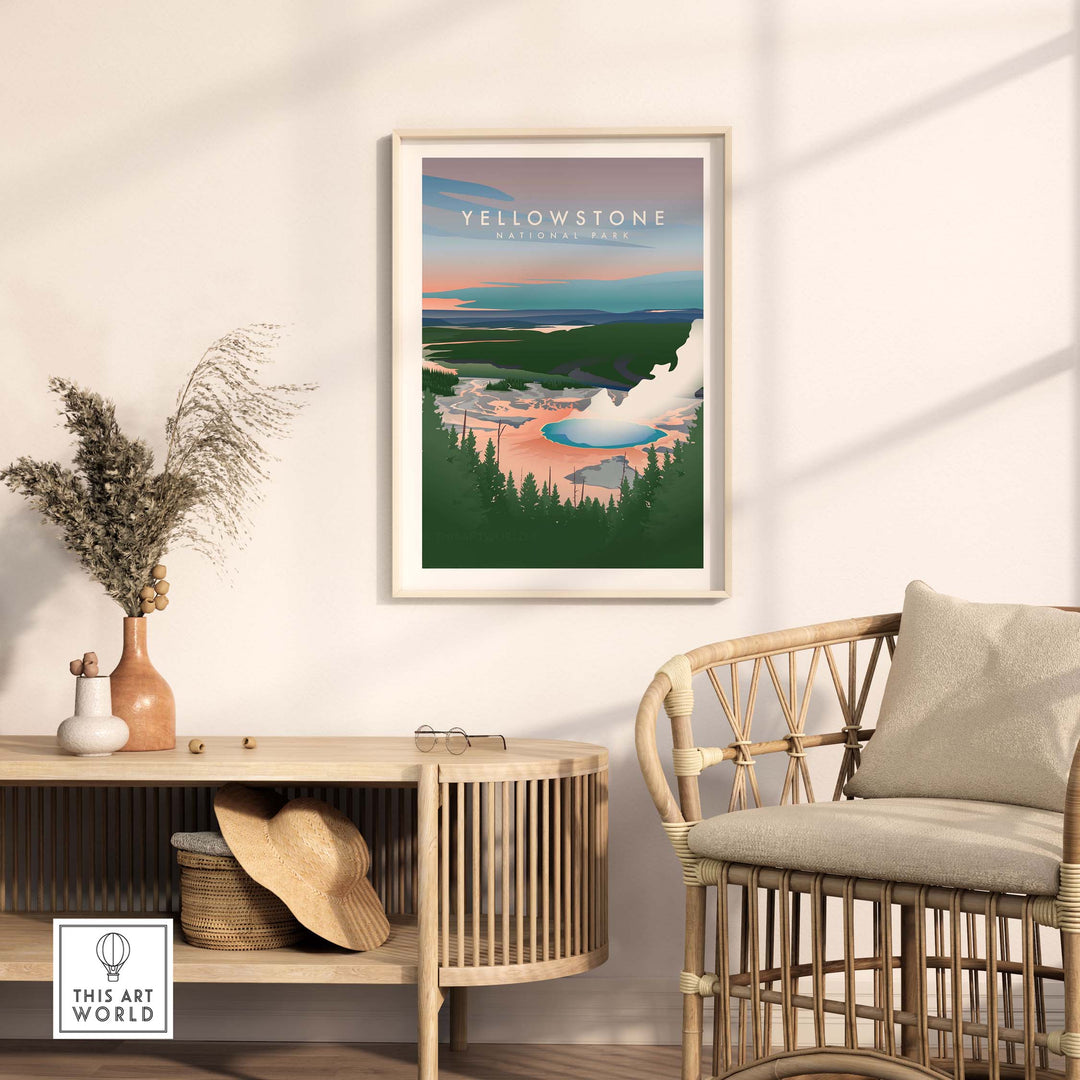 Yellowstone National Park art print featuring a scenic landscape in a stylish room setting.