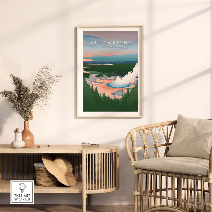 Yellowstone National Park art print featuring a scenic landscape in a stylish room setting.