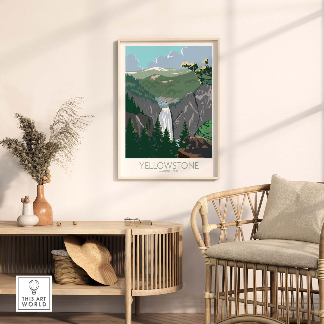 Yellowstone poster print displayed in a stylish room, showcasing vintage National Park art inspired by nature.