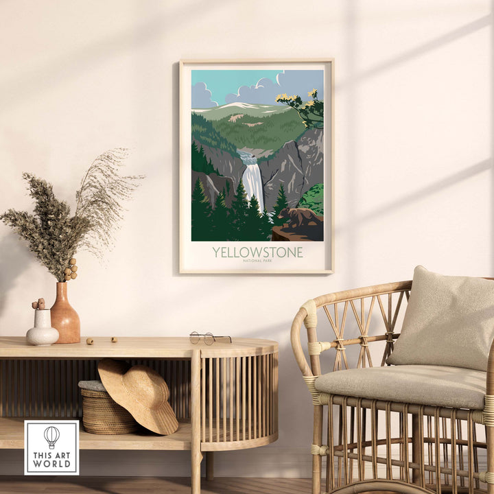 Yellowstone poster print displayed in a stylish room, showcasing vintage National Park art inspired by nature.