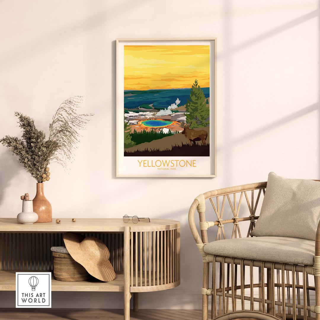 Stylish Yellowstone Park print poster in a modern living room, showcasing vibrant colors and nature-inspired design.