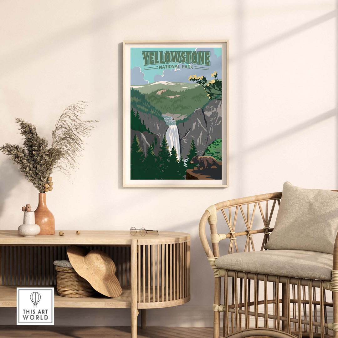 Framed Yellowstone National Park Print showcasing a waterfall and lush greenery in a stylish home decor setting.