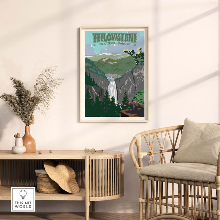 Framed Yellowstone National Park Print showcasing a waterfall and lush greenery in a stylish home decor setting.