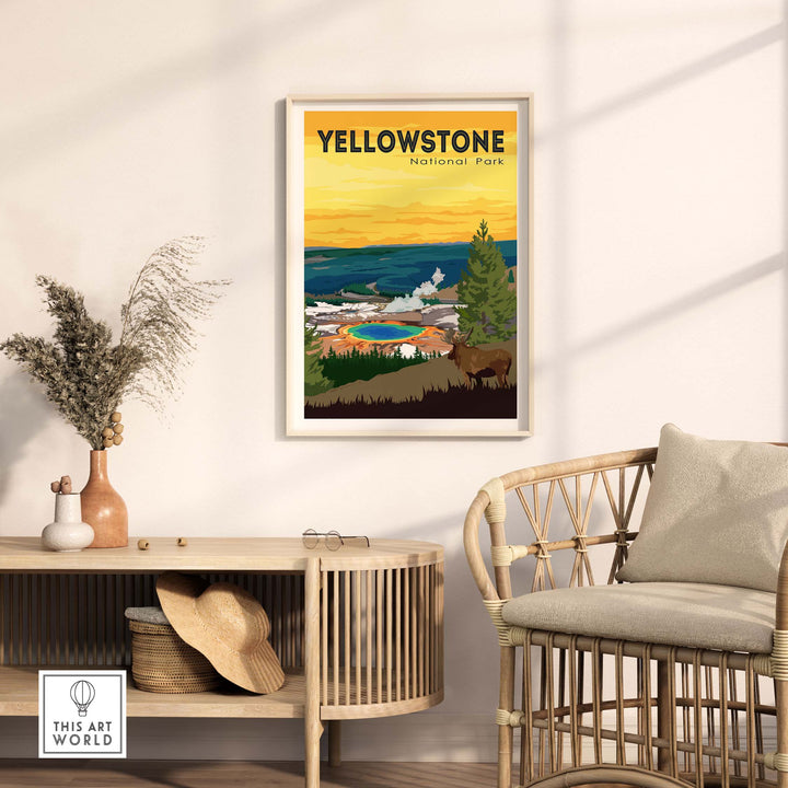 Yellowstone National Park poster print displayed in a cozy living room setting, showcasing vibrant outdoor scenery.