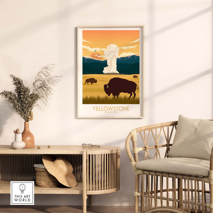 Yellowstone National Park poster featuring bison and geysers in a minimalist design, displayed in a stylish living room.