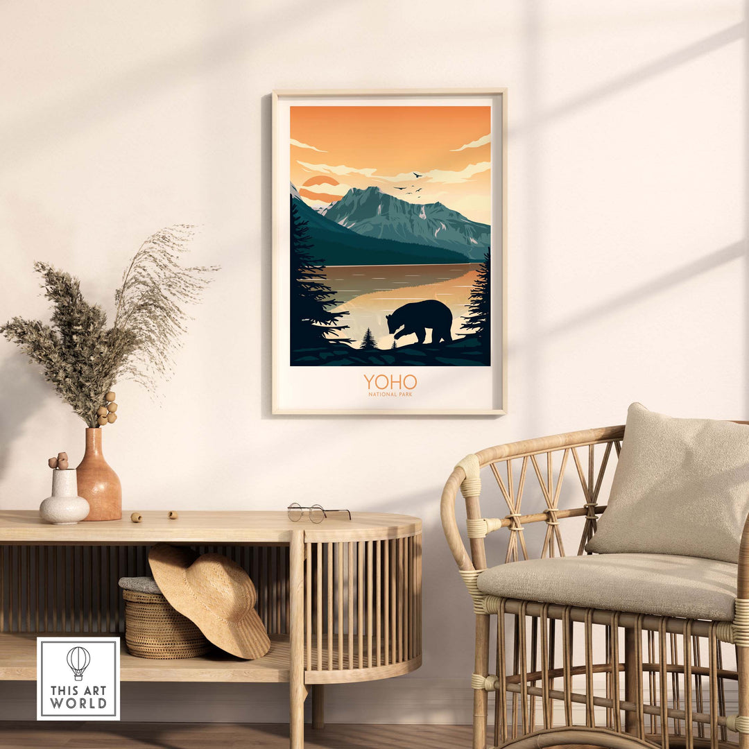 Yoho National Park art print featuring a bear, mountains, and sunset hues, perfect for home decor.