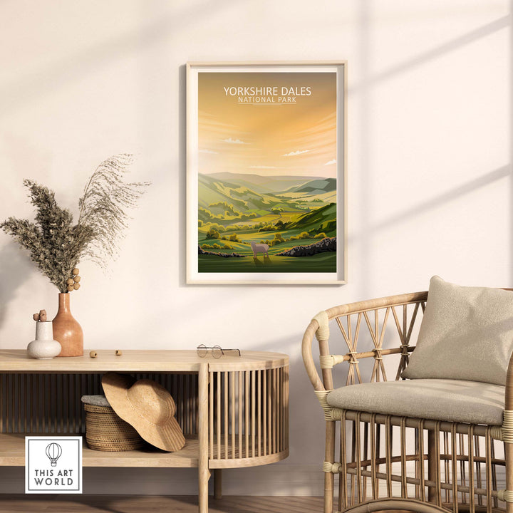 Yorkshire Dales National Park poster displayed in a modern living room with minimalist decor and natural light.