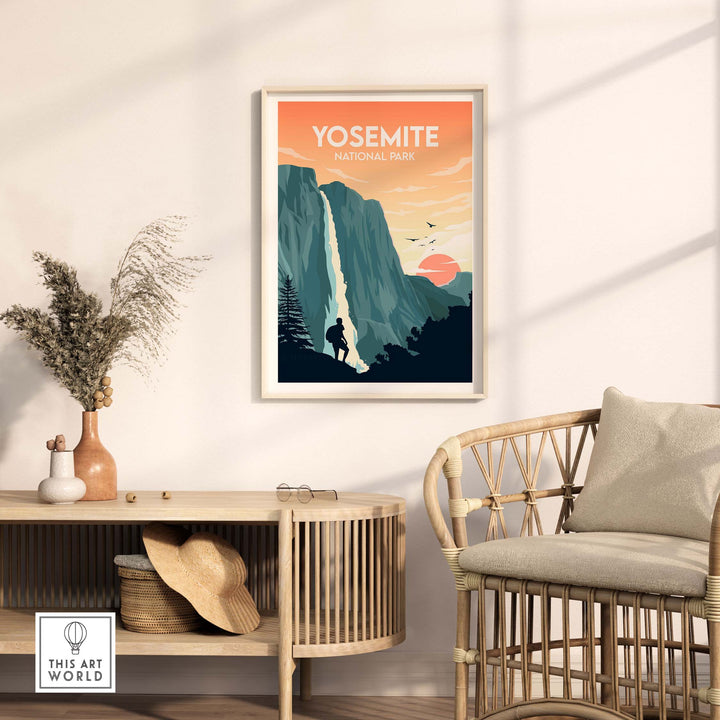 Yosemite National Park poster in a minimalist style, featuring a serene landscape and a hiker, perfect for home decor.