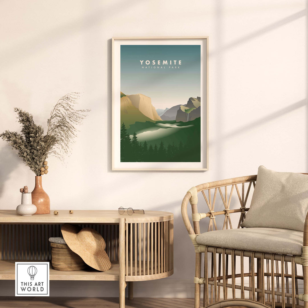 Yosemite National Park vintage travel poster displayed in a modern living room setting, showcasing scenic mountain landscapes.