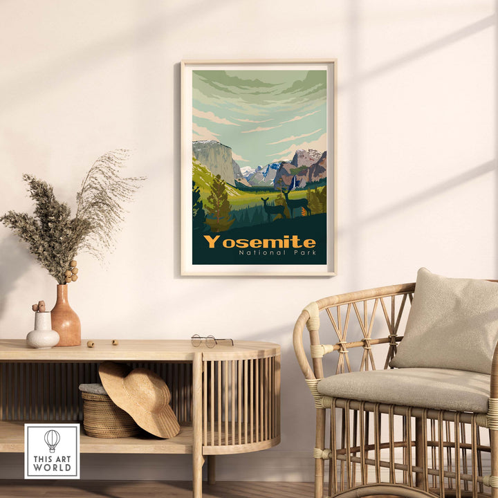 Yosemite National Park poster displayed in a stylish home setting, showcasing vintage-inspired wall art.