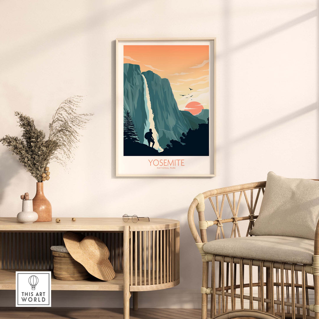 Yosemite National Park poster framed in a stylish interior, showcasing minimalist art and nature's beauty.