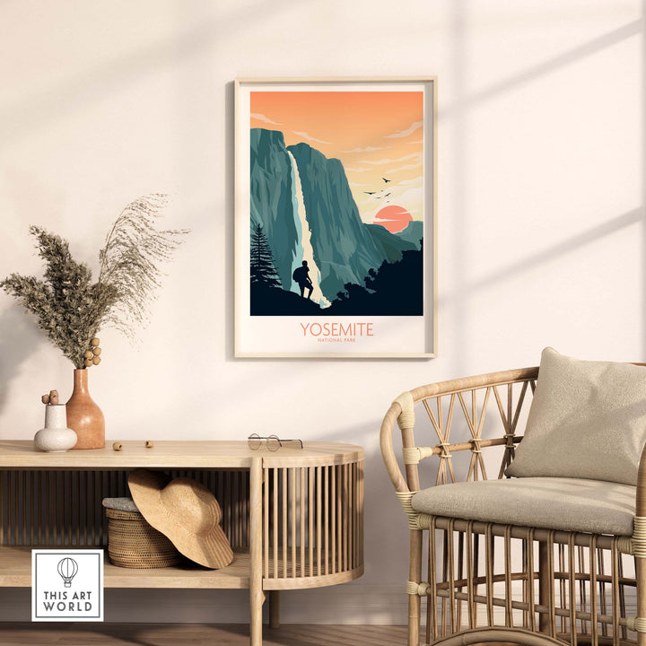 Yosemite National Park poster framed in a stylish interior, showcasing minimalist art and nature's beauty.