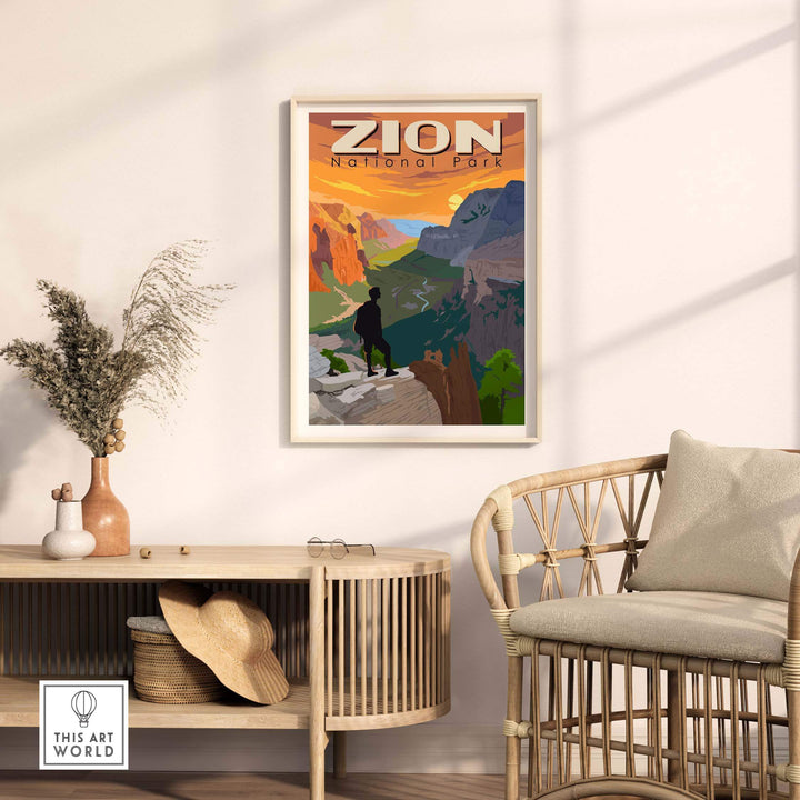 Zion National Park poster in a modern living space, showcasing vintage-inspired mountain art.