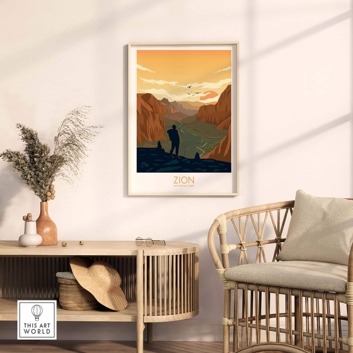 Zion National Park Poster displayed in a stylish interior, showcasing minimalist art inspired by nature and the outdoors.