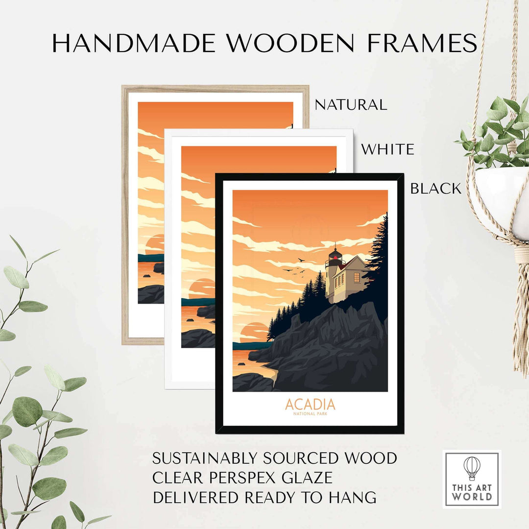 Handmade wooden frames in natural, white, and black for Acadia National Park Art Print, made from sustainably sourced wood.