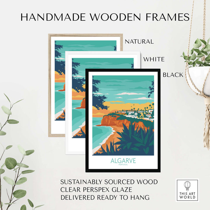 Handmade wooden frames in natural, white, and black for Algarve Print Portugal, showcasing sustainable art ready to hang.