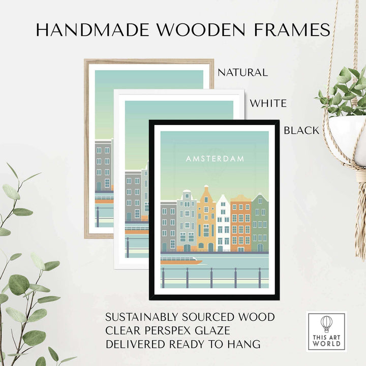 Three handmade wooden frames in natural, white, and black for Amsterdam Print Wall Art, showcasing vintage travel style.