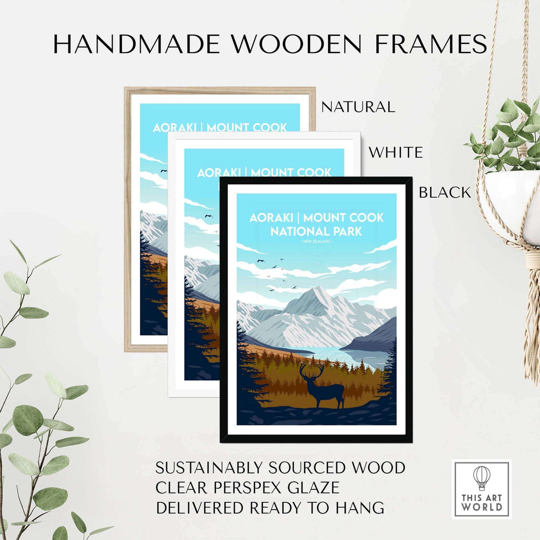 Three framed Aoraki Mount Cook National Park prints in natural, white, and black frames, showcasing handmade wooden frames.