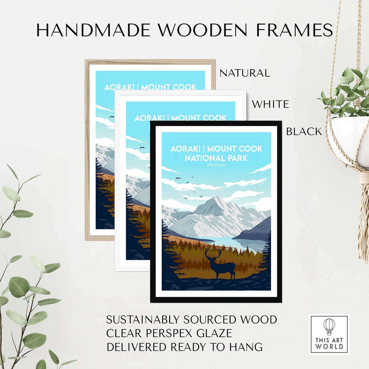 Three framed Aoraki Mount Cook National Park prints in natural, white, and black frames, showcasing handmade wooden frames.