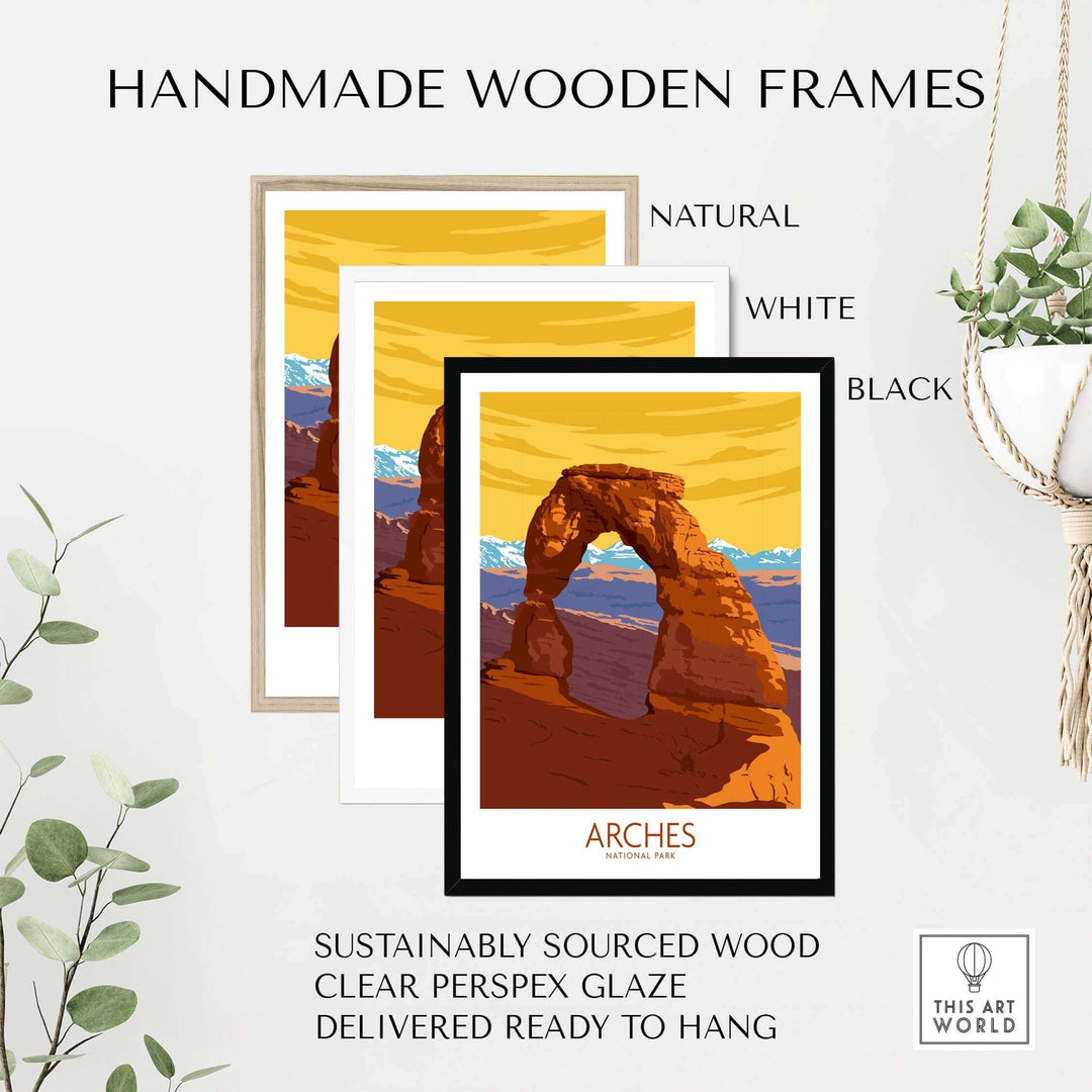 Arches National Park poster prints in handmade wooden frames in natural, white, and black finishes.