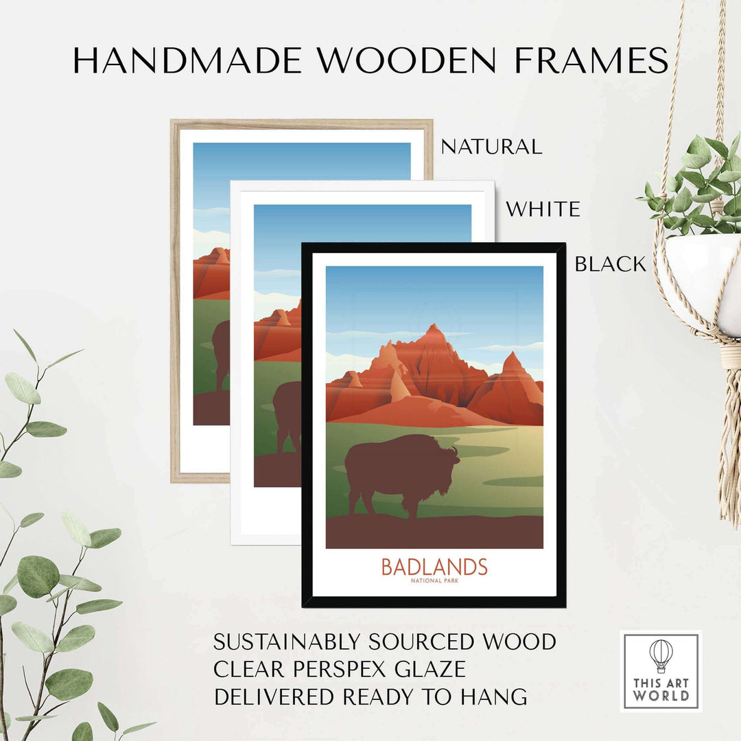 Handmade wooden frames in natural, white, and black for Badlands National Park art prints, sustainably sourced and ready to hang.