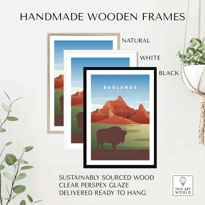 Handmade wooden frames for Badlands National Park art in natural, white, and black options, ready to hang.