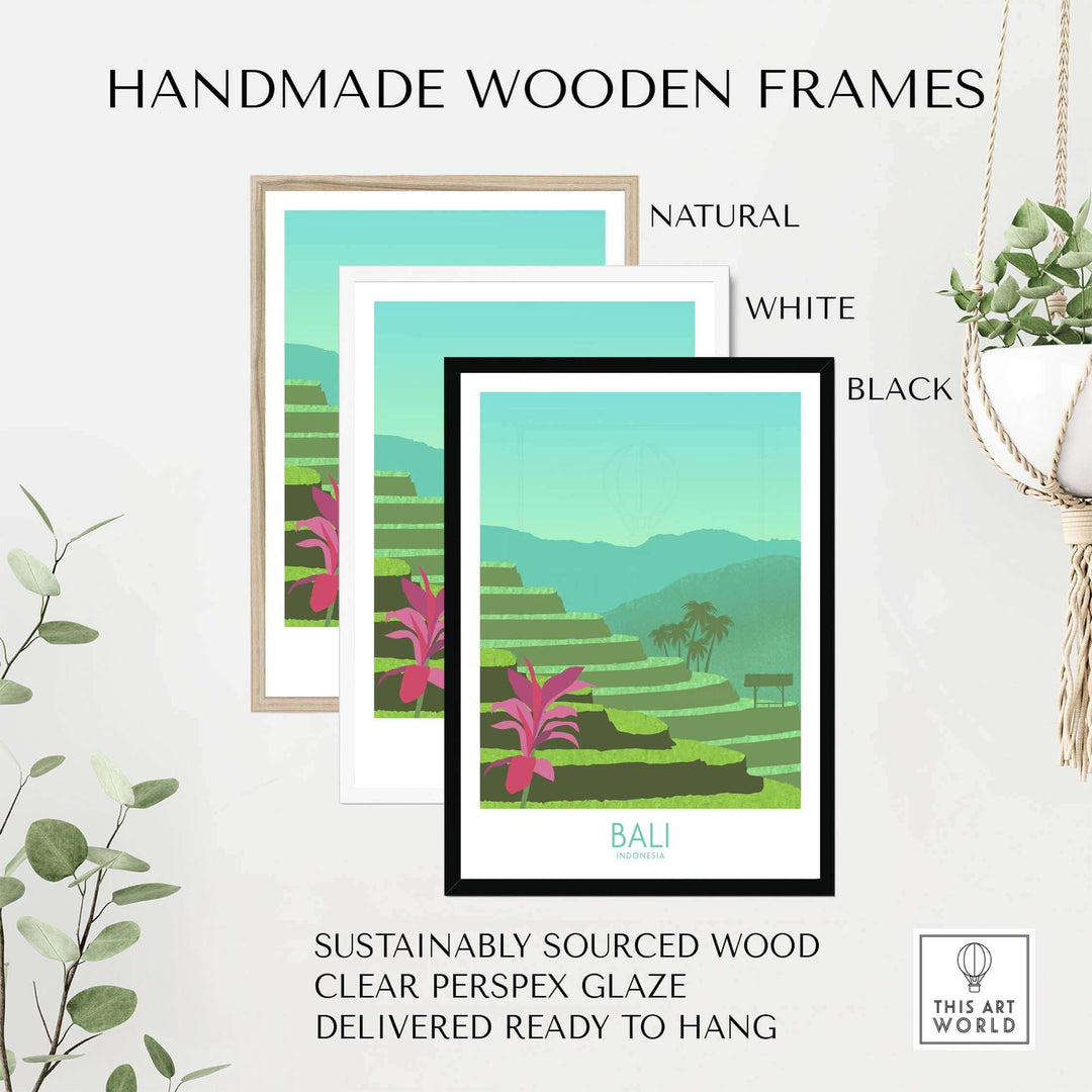 Bali print artwork framed in natural, white, and black handmade wooden frames, sustainably sourced and ready to hang.