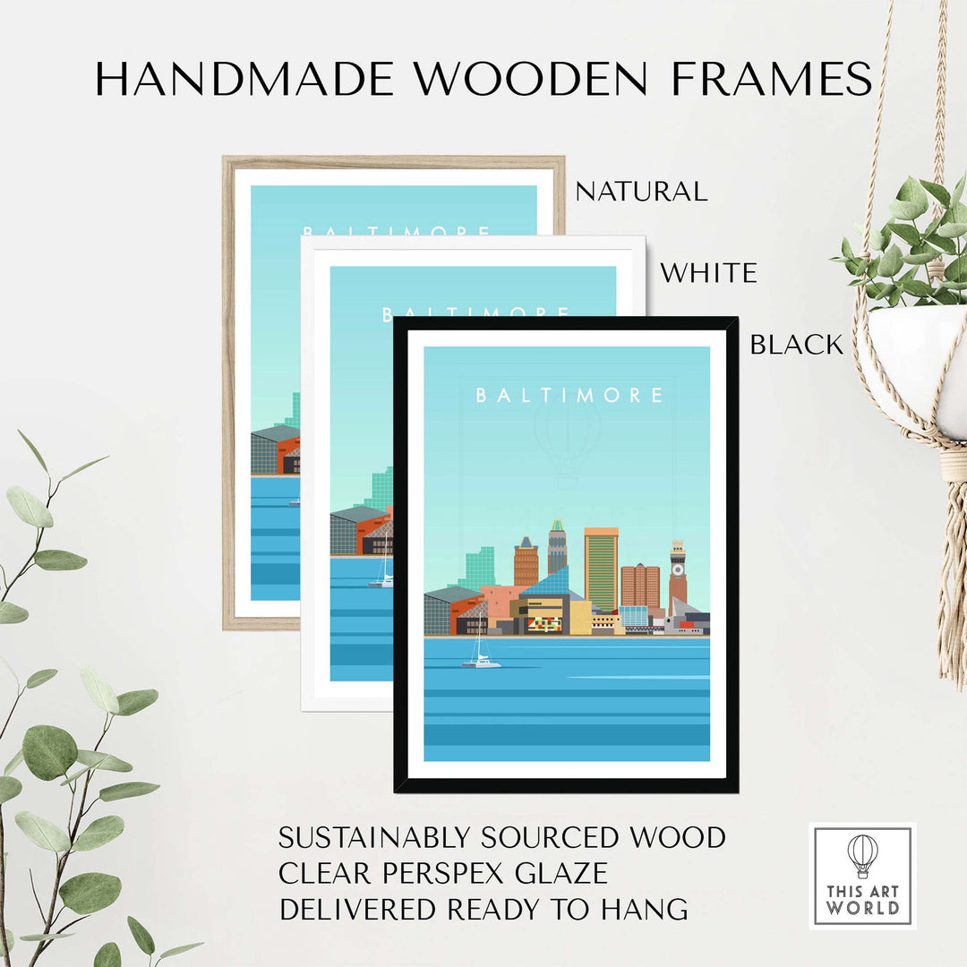 Handmade wooden frames in natural, white, and black for Baltimore travel prints, sustainably sourced and ready to hang.