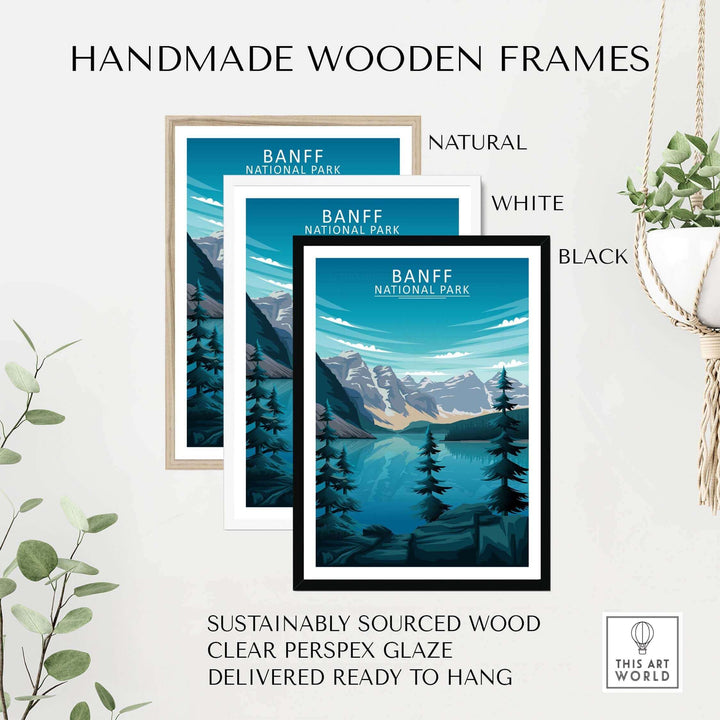 Handmade wooden frames for Banff Print featuring natural, white, and black options, sustainably sourced and ready to hang.