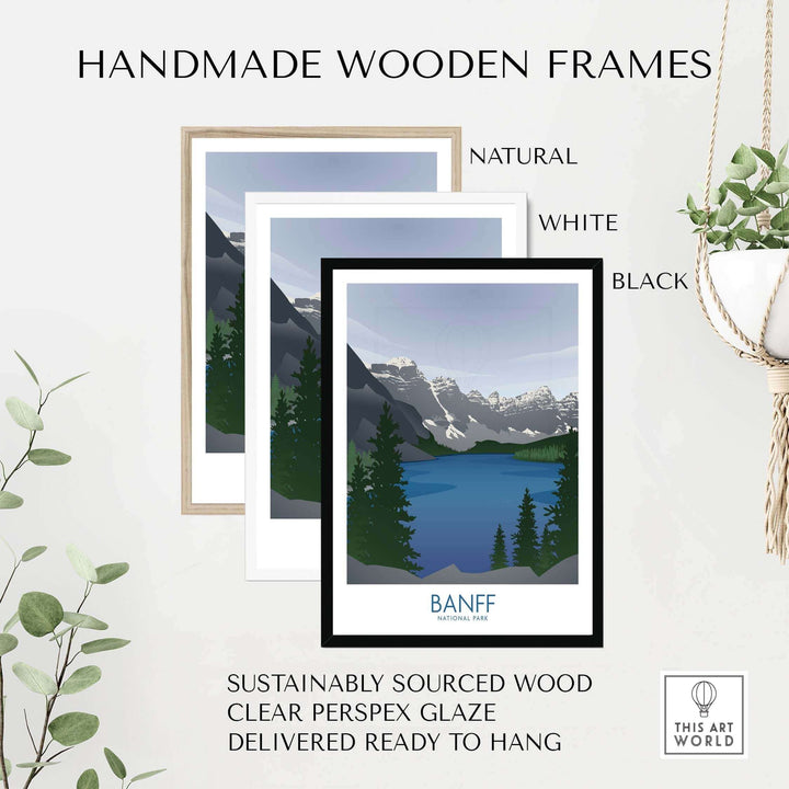 Handmade wooden frames for Banff National Park art prints in natural, white, and black finishes.