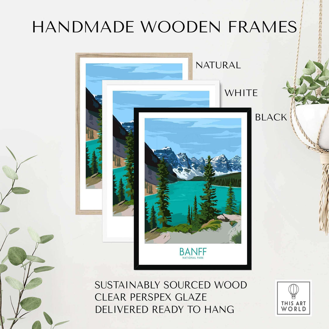 Handmade wooden frames for Banff poster prints in natural, white, and black styles, sustainably sourced for eco-friendly decor.