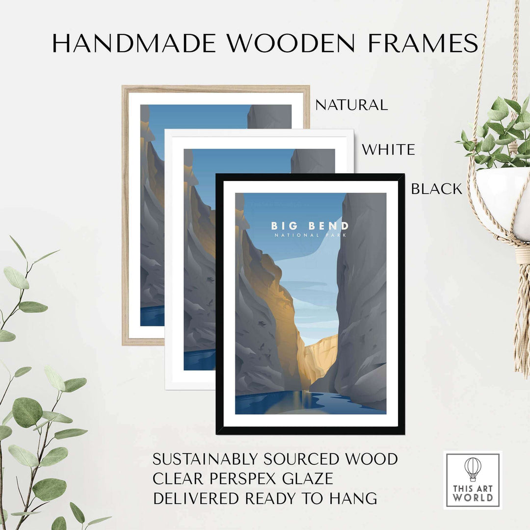 Handmade wooden frames in natural, white, and black for Big Bend National Park art prints, sustainably sourced and ready to hang.