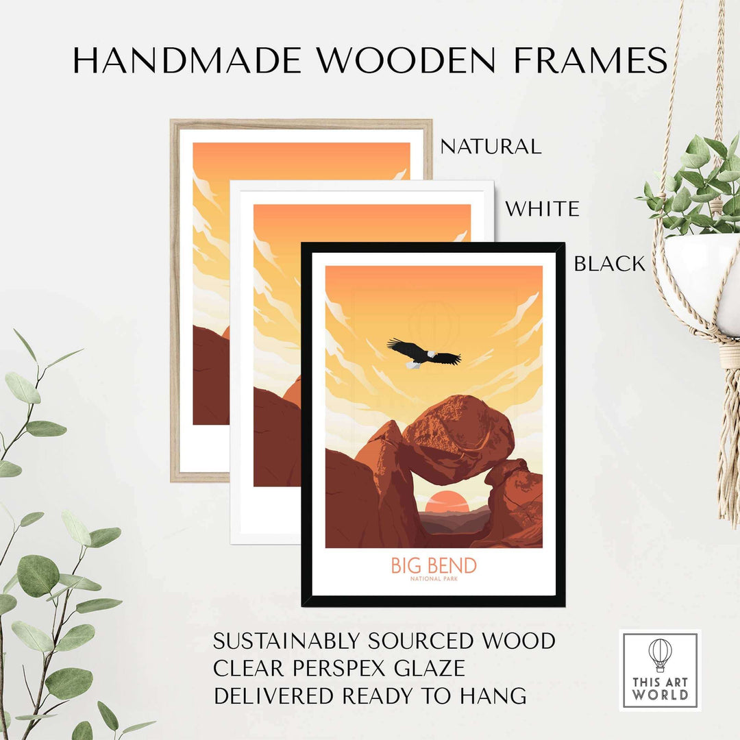 Handmade wooden frames in natural, white, and black for Big Bend National Park art print.